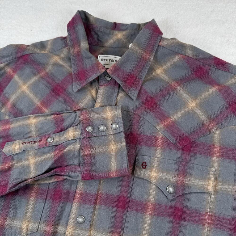 Stetson Shirt Mens Size XL Gray Plaid Western Snap Flannel Long Sleeve Casual